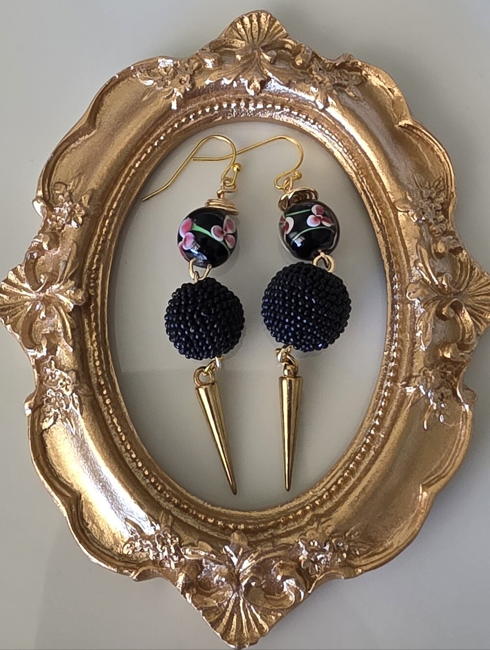 Black Floral Bead & Gold Spike Dangle Earrings Handmade
